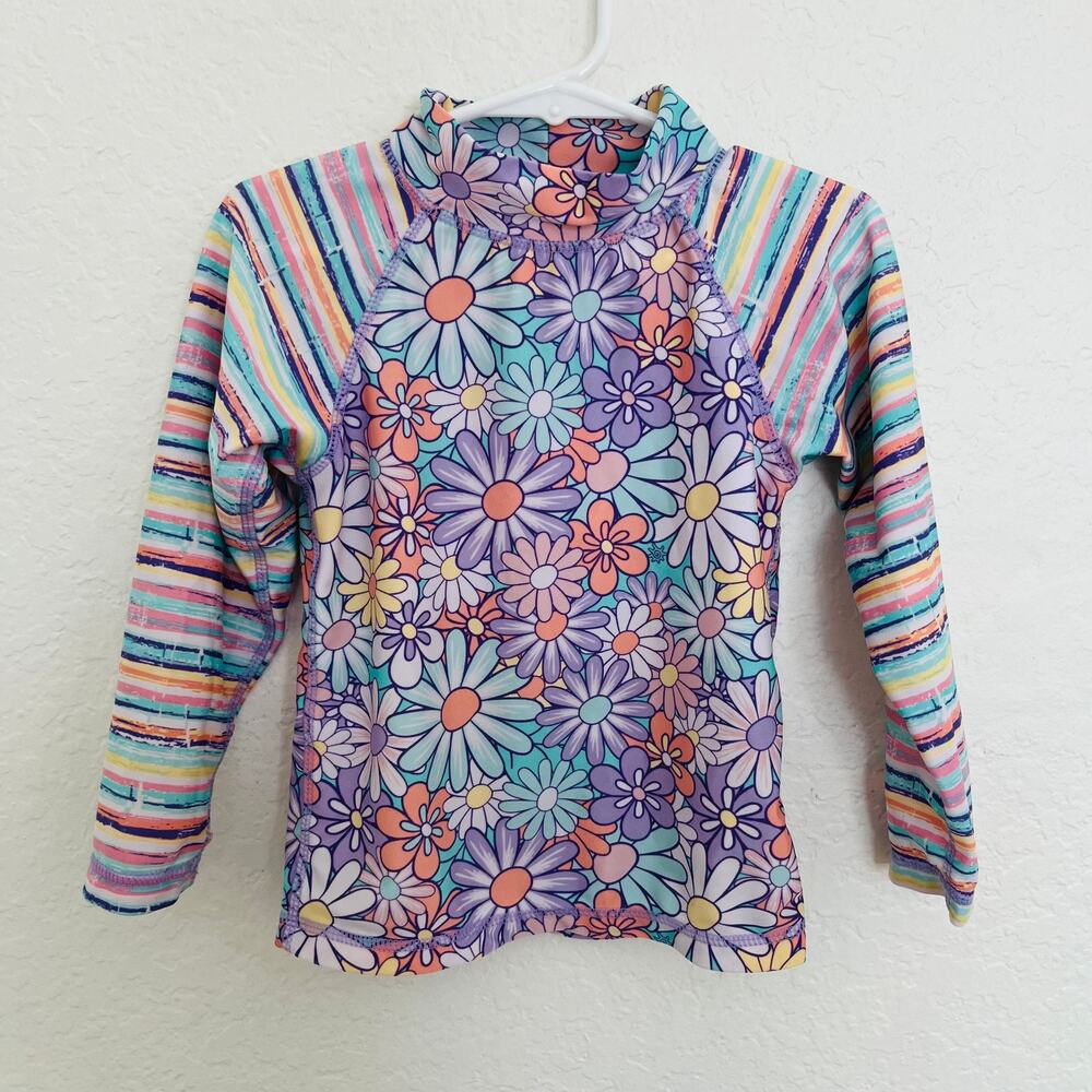 UV Skinz Girls Size 5 Floral Stripe Long Sleeve Rash Guard UPF 50+ Swim Top